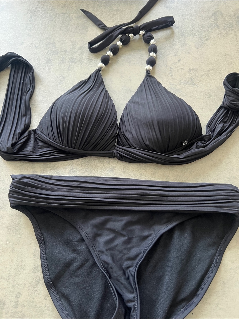 Aqua Black Pleated Halter Bikini with Beaded Neck Detail
